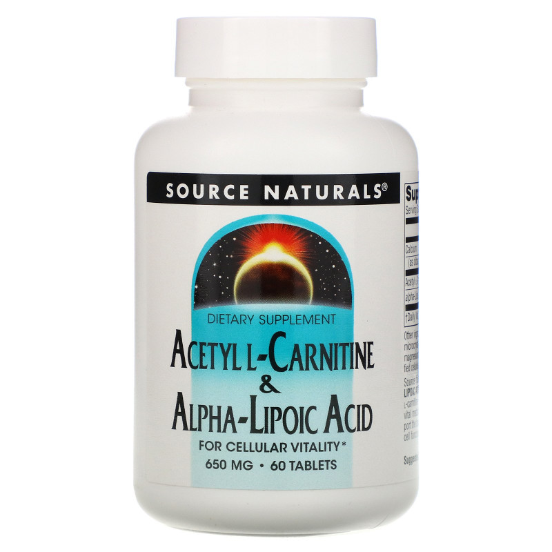 Source Naturals, Ацетил-L-карнитин и альфа-липоевая кислота, 650 мг, 60 таблеток