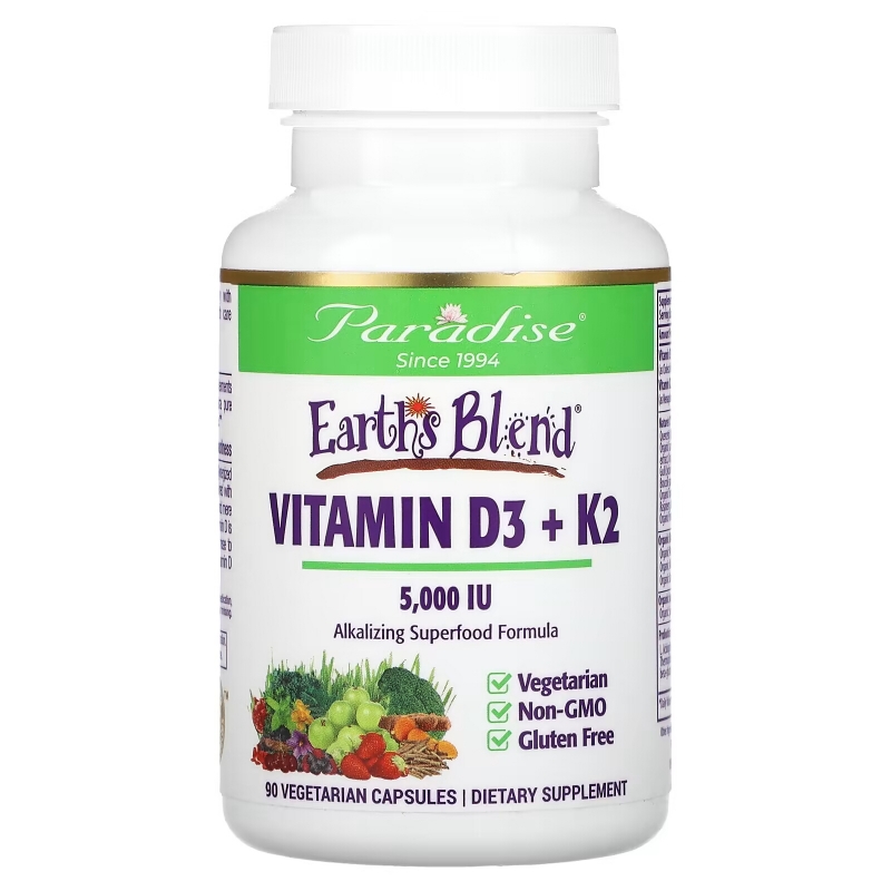 Paradise Herbs, Earth's Blend, Vitamin D3 + K2, 5,000 IU, 90 Vegetarian Capsules