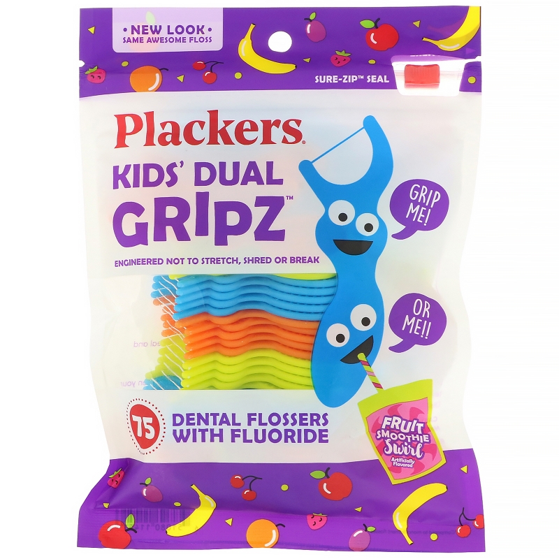 Plackers, Kid's Dual Gripz, детские зубочистки с нитью, с фтором, фруктовый смузи, 75 шт.