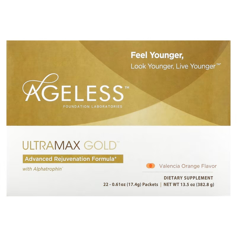 Ageless Foundation Laboratories, UltraMax Gold, улучшенная формула омоложения с альфатрофином, со вкусом валенсийского апельсина, 22 пакетика, 13,5 унции (17,4 г) каждый