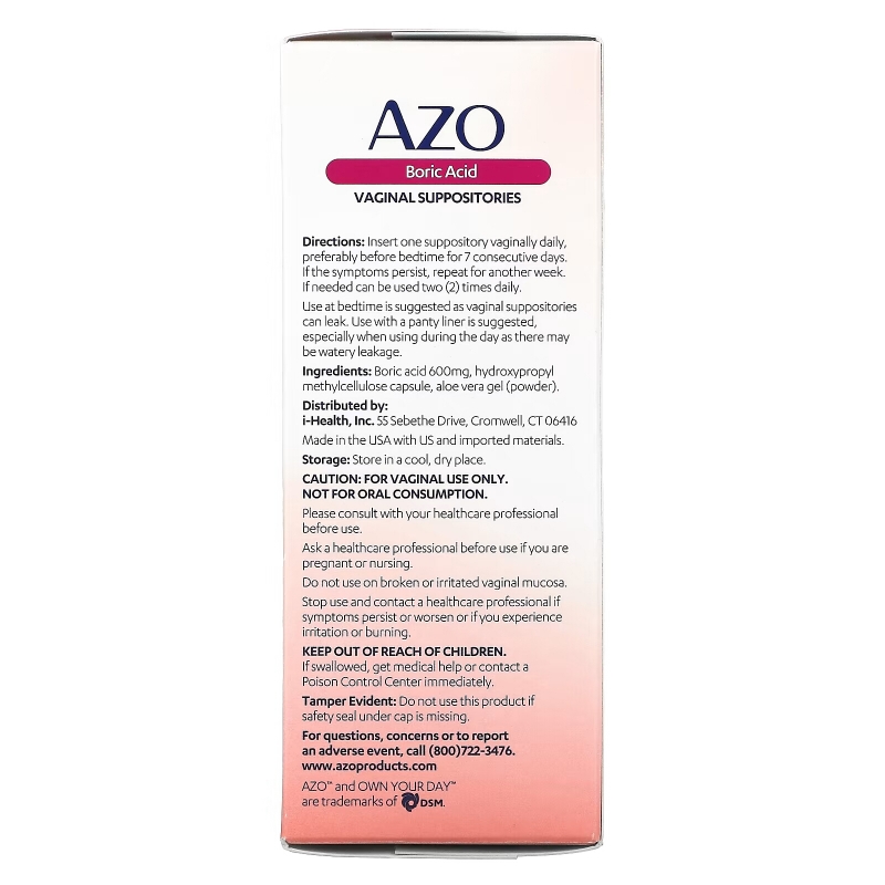 Azo, Boric Acid, Vaginal Suppositories, 600 mg, 30 Suppositories