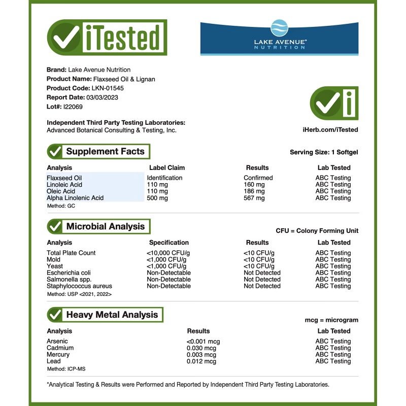 Lake Avenue Nutrition, Органическое льняное масло холодного отжима и лигнан, без гексана, 120 растительных капсул